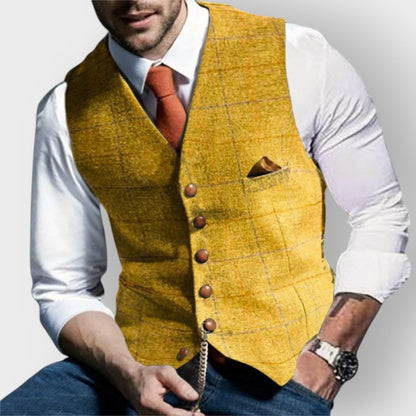 Mens Gilet Herringbone Tweed Waistcoat Buttoned Checked Vest - Sole & Material View | Lavisa