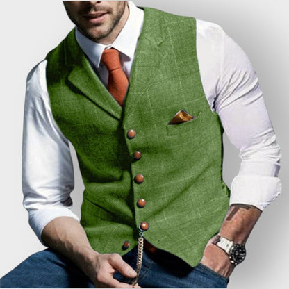 Mens Gilet Herringbone Tweed Waistcoat Buttoned Checked Vest - Lifestyle & Model Angle | Lavisa