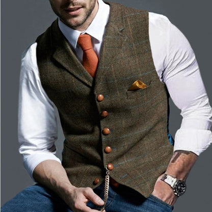 Mens Gilet Herringbone Tweed Waistcoat Buttoned Checked Vest - Front View | Lavisa
