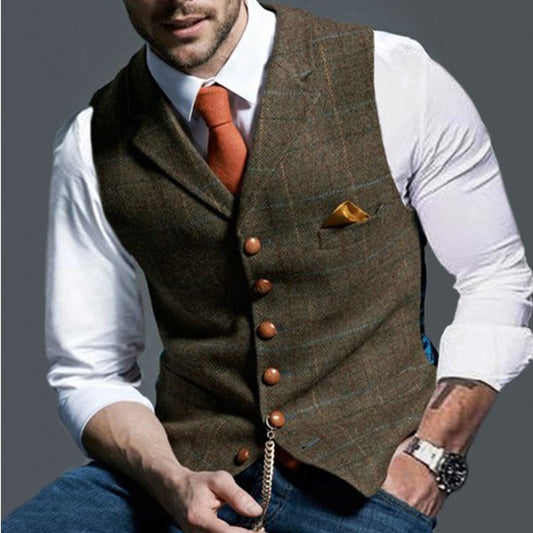 Mens Gilet Herringbone Tweed Waistcoat Buttoned Checked Vest - Front View | Lavisa