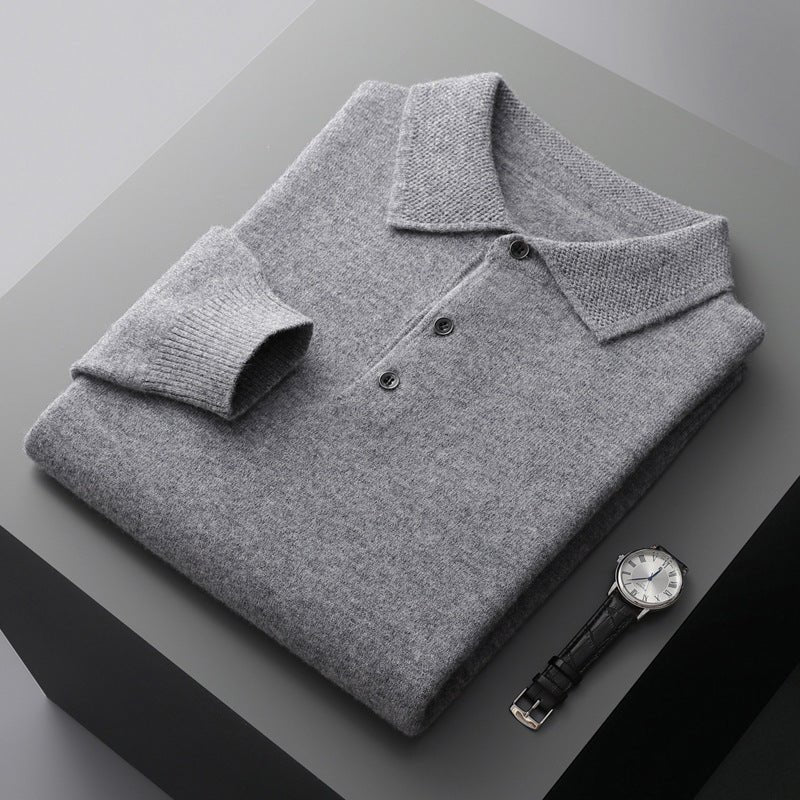 Men's Knit Cotton Long Sleeve Three-Button Polo Jumper - Side Angle | Lavisa