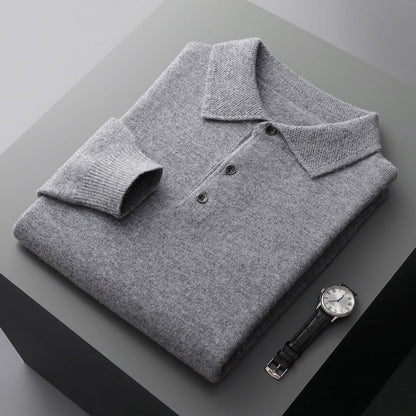 Men's Knit Cotton Long Sleeve Three-Button Polo Jumper - Side Angle | Lavisa