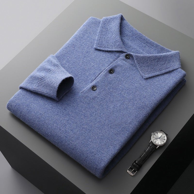 Men's Knit Cotton Long Sleeve Three-Button Polo Jumper - Back View | Lavisa