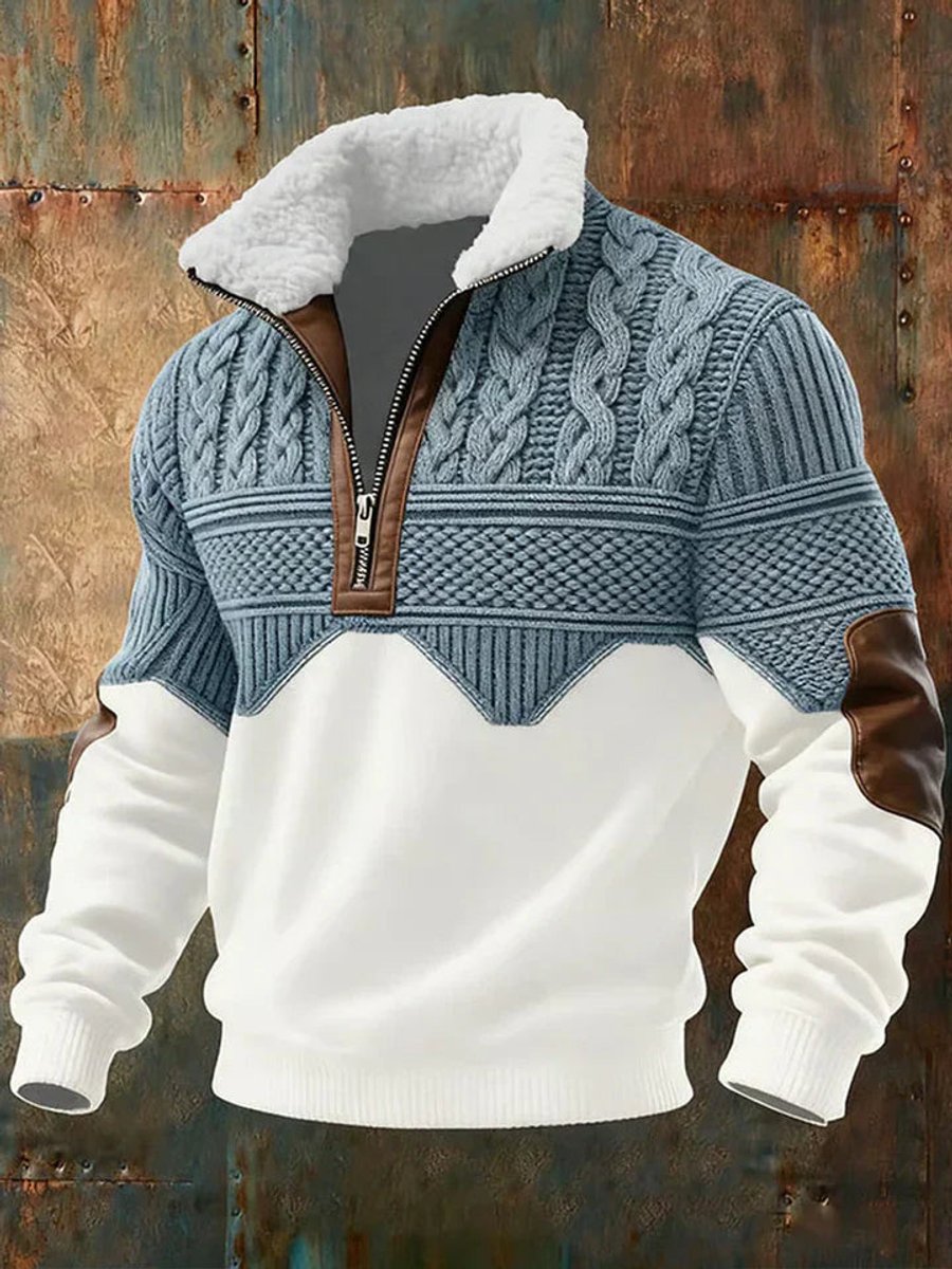 Mens Knit Sweater Half-Zip Fleece Collar Colour Block Pullover | Lavisa