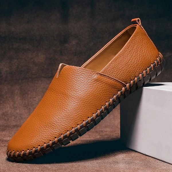 Men's Pebbled-Grain Leather-Look Slip-On Loafers Whipstitch Detail - Side Angle | Lavisa