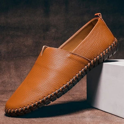 Men's Pebbled-Grain Leather-Look Slip-On Loafers Whipstitch Detail - Side Angle | Lavisa