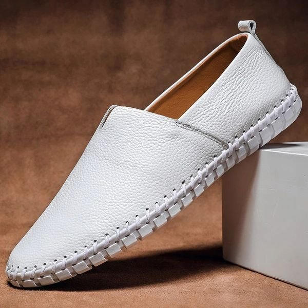 Men's Pebbled-Grain Leather-Look Slip-On Loafers Whipstitch Detail - Back View | Lavisa