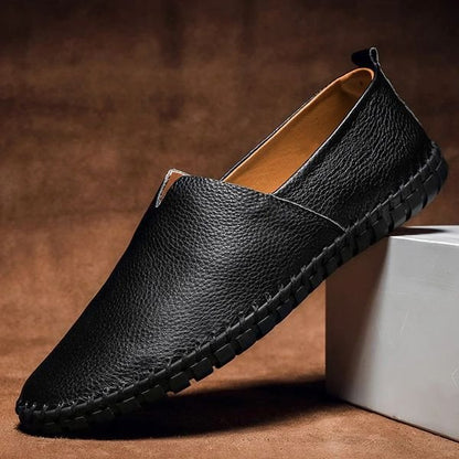 Men's Pebbled-Grain Leather-Look Slip-On Loafers Whipstitch Detail - Close-Up Fabric Texture | Lavisa