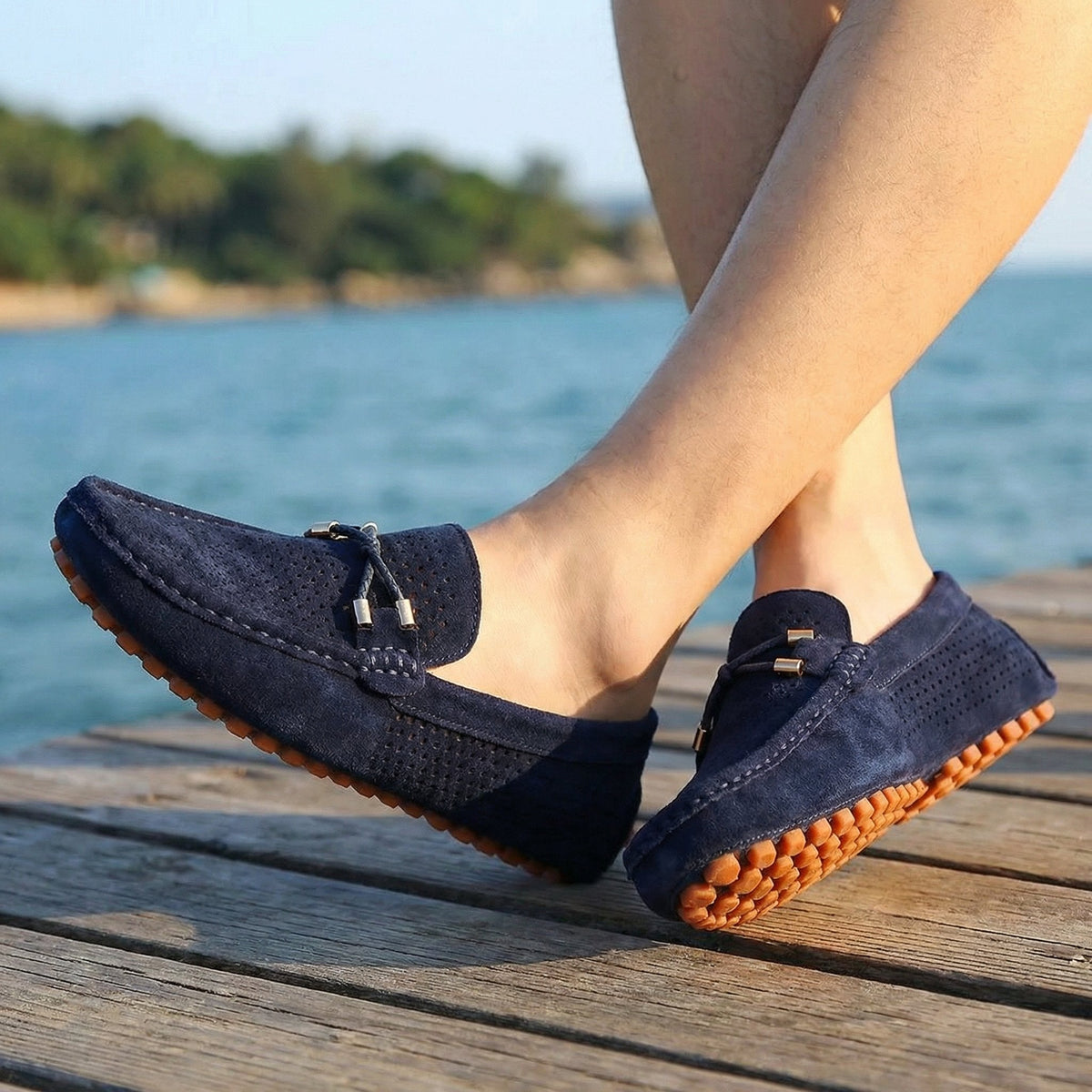 Men's Perforated Suede Slip-On Loafers - Side Angle | Lavisa