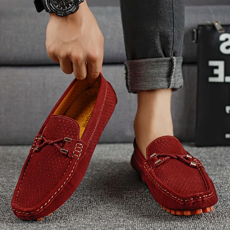 Men's Perforated Suede Slip-On Loafers - Back View | Lavisa