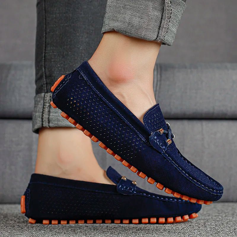 Men's Perforated Suede Slip-On Loafers - Close-Up Texture & Detail | Lavisa