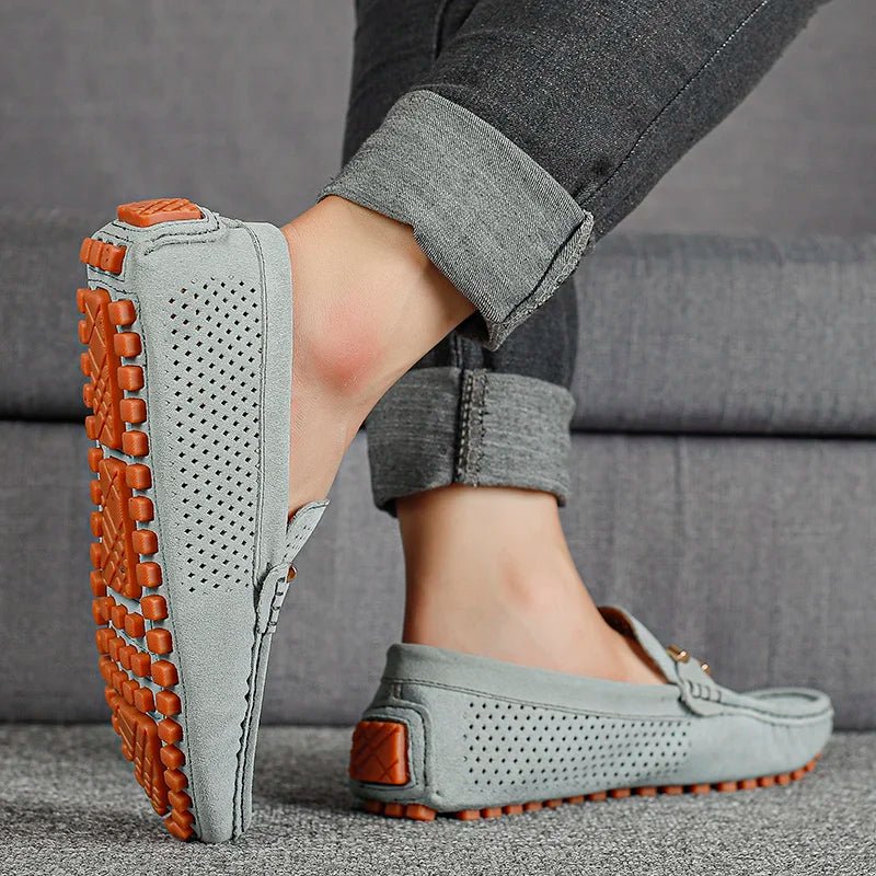 Men's Perforated Suede Slip-On Loafers - Sole & Material View | Lavisa