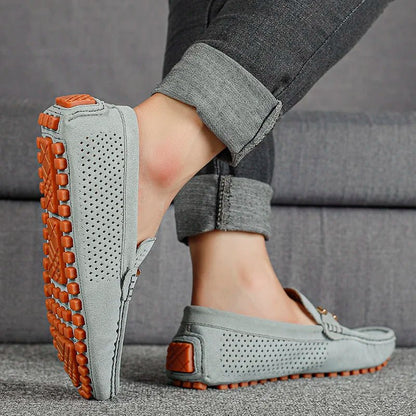Men's Perforated Suede Slip-On Loafers - Sole & Material View | Lavisa