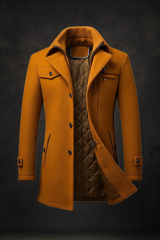 Lavisa - Men's Pure Wool Coat Quilted-Lined Double-Collar Overcoat