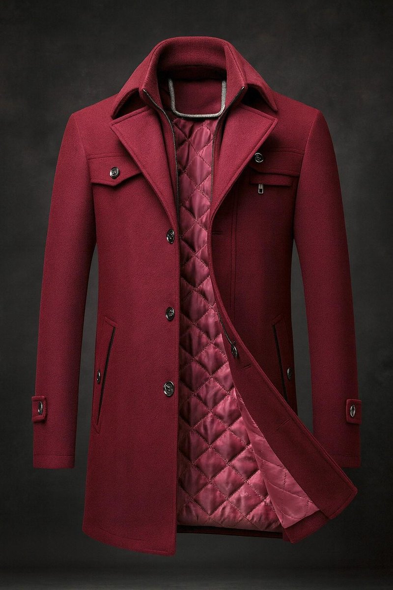 Men's Pure Wool Coat Quilted-Lined Double-Collar Overcoat - Side Angle | Lavisa