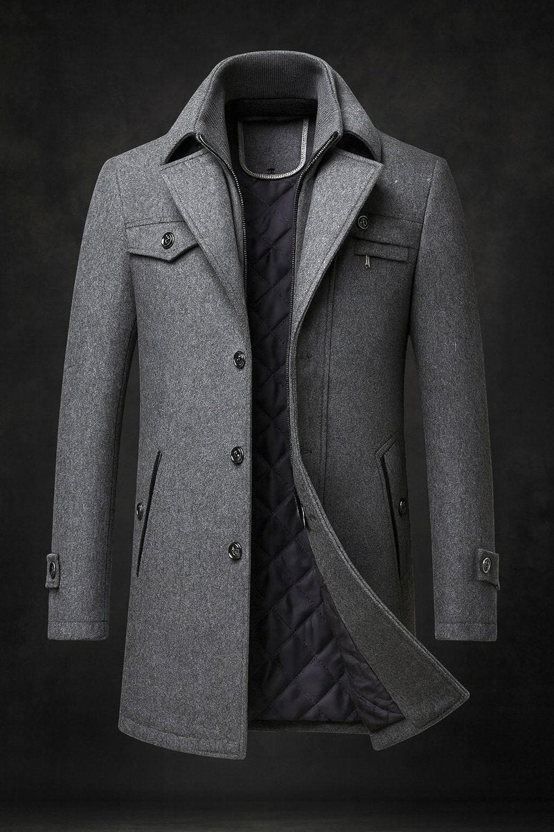 Men's Pure Wool Coat Quilted-Lined Double-Collar Overcoat - Back View | Lavisa