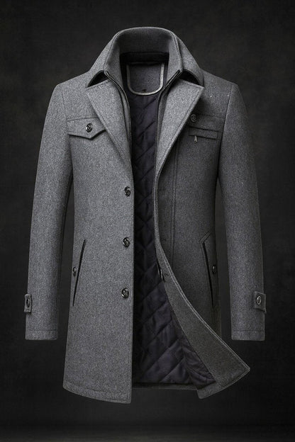 Men's Pure Wool Coat Quilted-Lined Double-Collar Overcoat - Back View | Lavisa