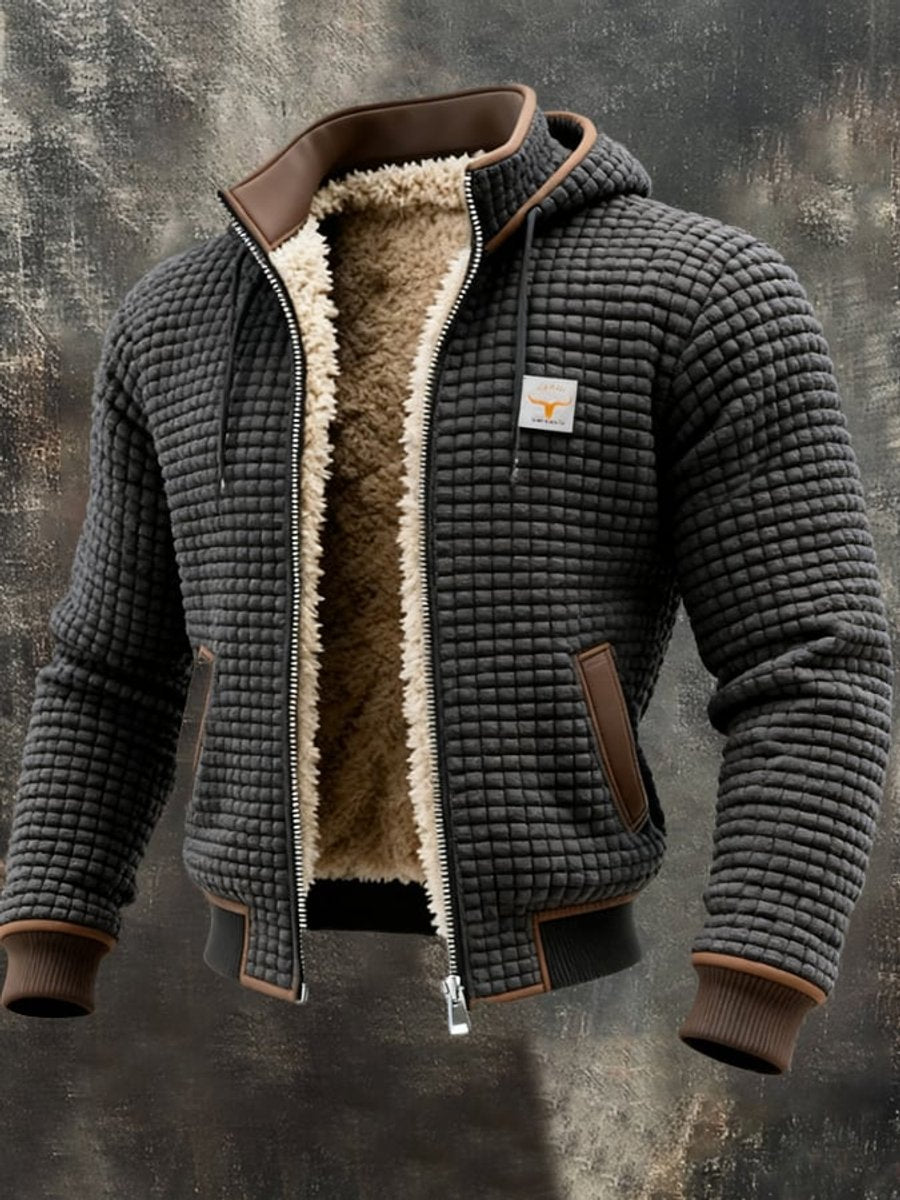 Mens Quilted Jacket Fleece-Lined Hooded Zip-Up Thermal Coat - Front View | Lavisa