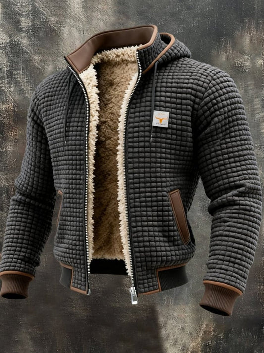 Mens Quilted Jacket Fleece-Lined Hooded Zip-Up Thermal Coat - Front View | Lavisa