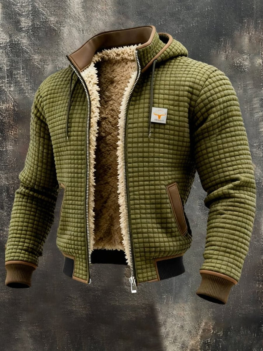 Mens Quilted Jacket Fleece-Lined Hooded Zip-Up Thermal Coat - Close-Up Texture & Detail | Lavisa