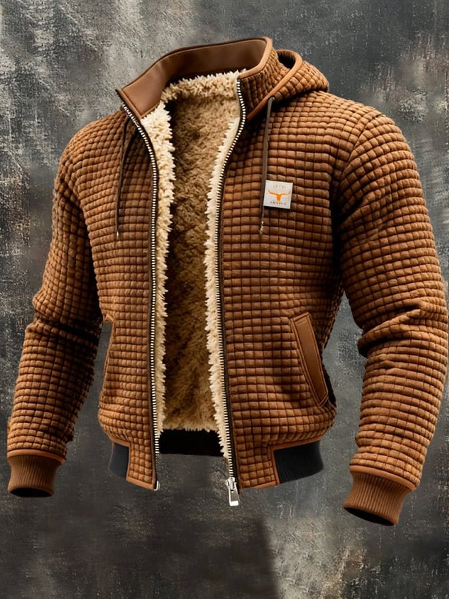 Mens Quilted Jacket Fleece-Lined Hooded Zip-Up Thermal Coat - Sole & Material View | Lavisa