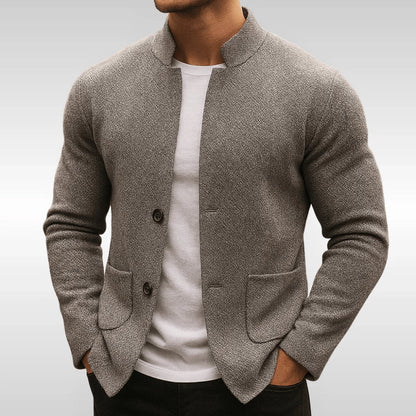 Men's Quilted Jacket Mock-Neck Button-Up Knit Blazer - Side Angle | Lavisa