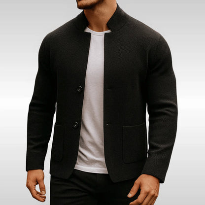 Men's Quilted Jacket Mock-Neck Button-Up Knit Blazer - Back View | Lavisa