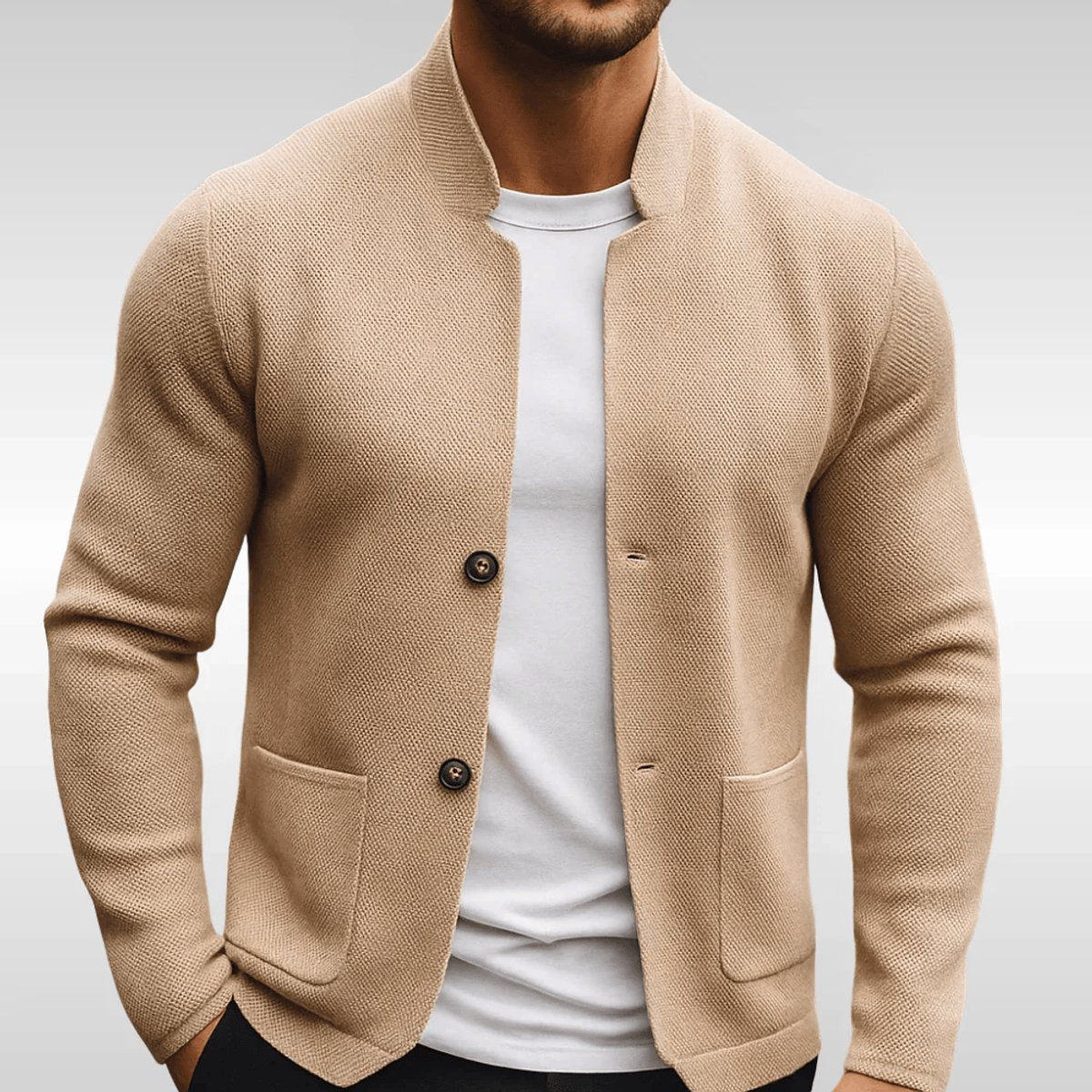 Men's Quilted Jacket Mock-Neck Button-Up Knit Blazer - Close-Up Texture & Detail | Lavisa
