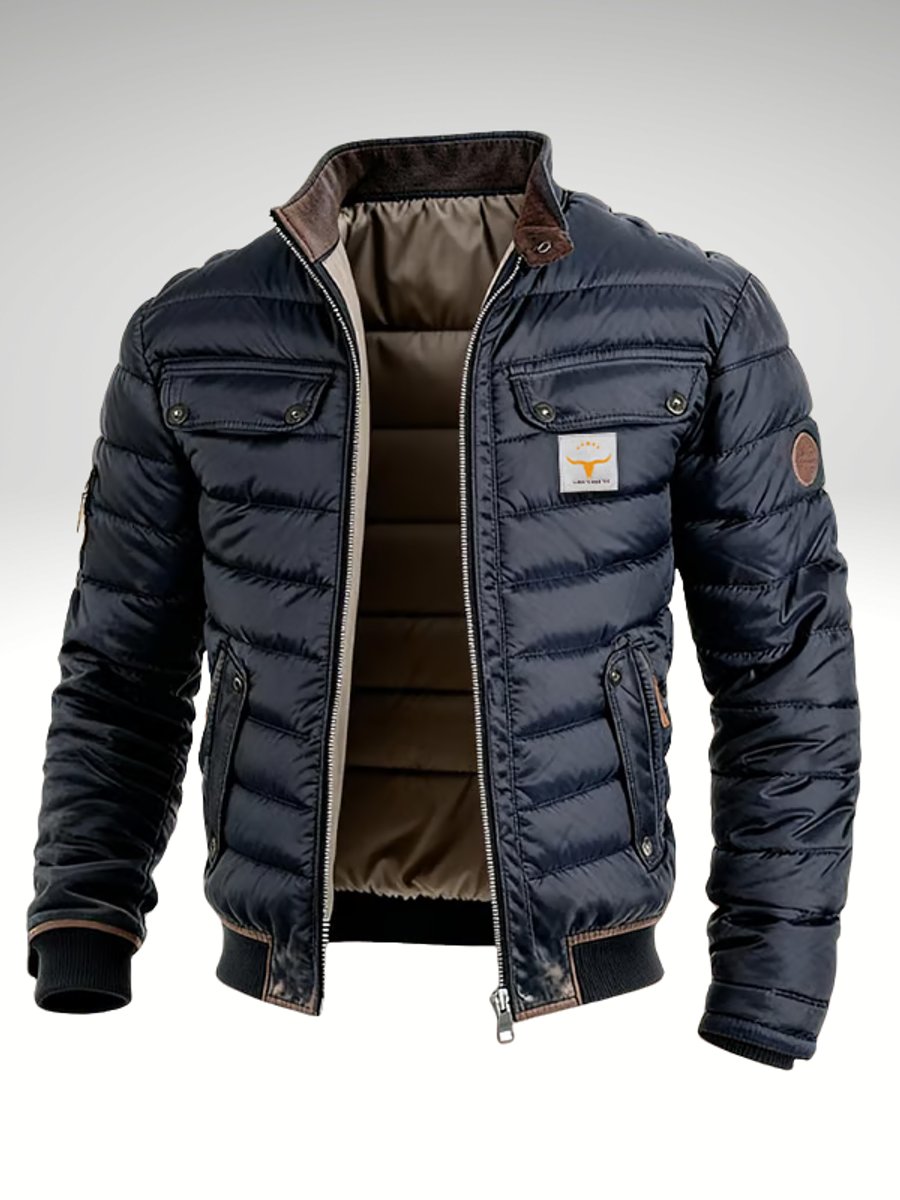 Mens Quilted Jacket Padded Puffer Stand Collar Winter Coat - Front View | Lavisa