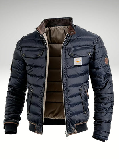 Mens Quilted Jacket Padded Puffer Stand Collar Winter Coat - Front View | Lavisa