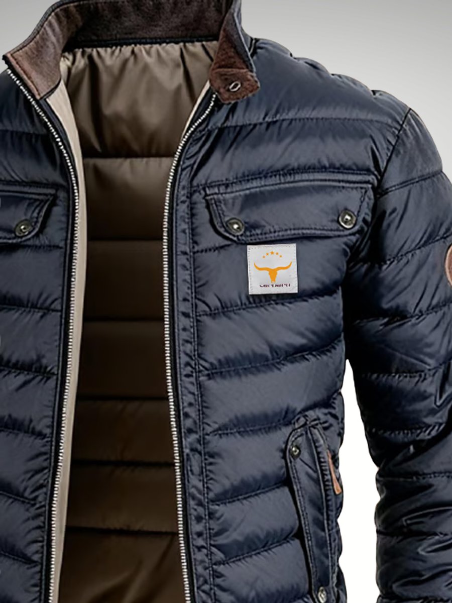 Mens Quilted Jacket Padded Puffer Stand Collar Winter Coat - Back View | Lavisa