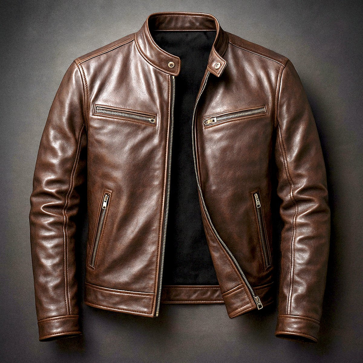 Mens Quilted Jacket Vintage Biker Style Full-Zip Leather Look - Front View | Lavisa
