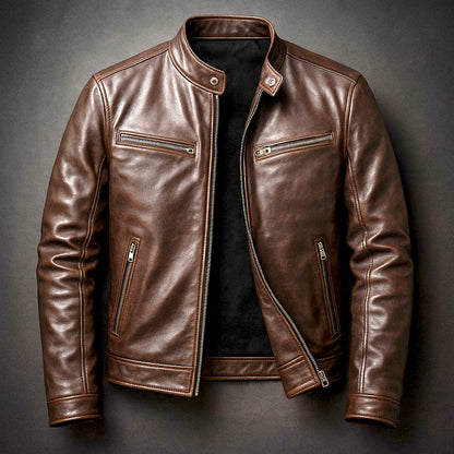 Mens Quilted Jacket Vintage Biker Style Full-Zip Leather Look - Front View | Lavisa