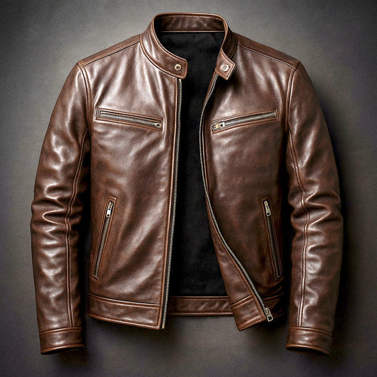 Mens Quilted Jacket Vintage Biker Style Full-Zip Leather Look - Front View | Lavisa