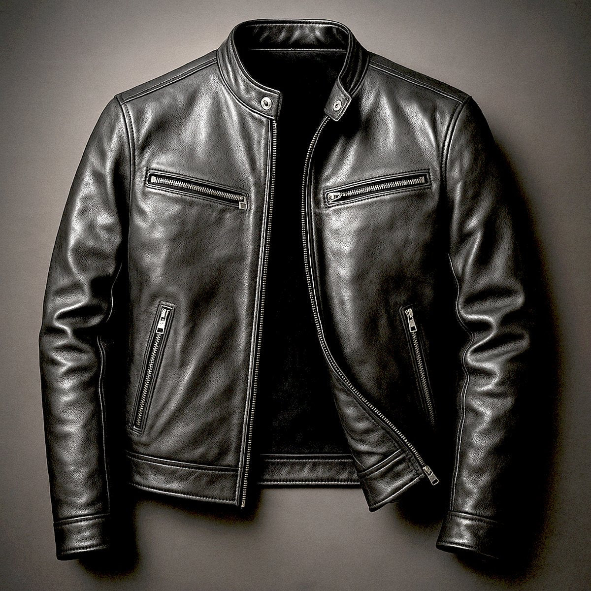 Mens Quilted Jacket Vintage Biker Style Full-Zip Leather Look - Side Angle | Lavisa