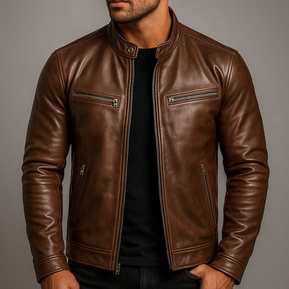 Mens Quilted Jacket Vintage Biker Style Full-Zip Leather Look - Sole & Material View | Lavisa