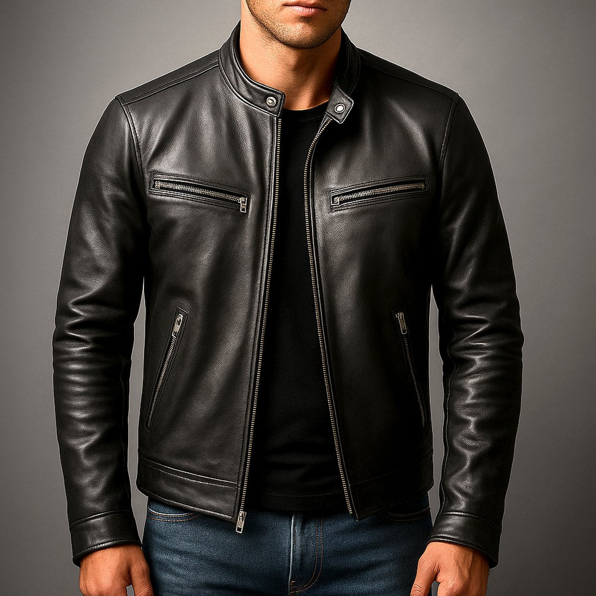 Mens Quilted Jacket Vintage Biker Style Full-Zip Leather Look - Lifestyle & Model Angle | Lavisa