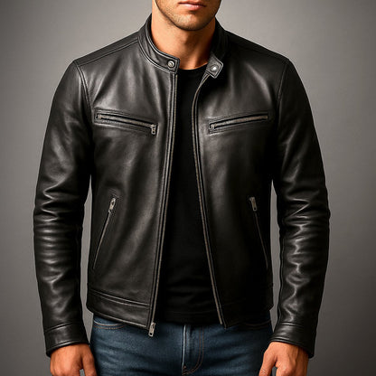 Mens Quilted Jacket Vintage Biker Style Full-Zip Leather Look - Lifestyle & Model Angle | Lavisa