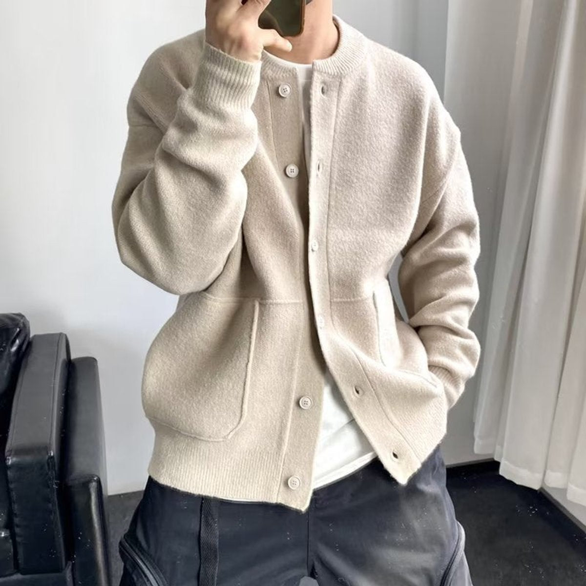 Lavisa - Men's Relaxed Fit Button-Up Knit Mens Cardigan Round Neck
