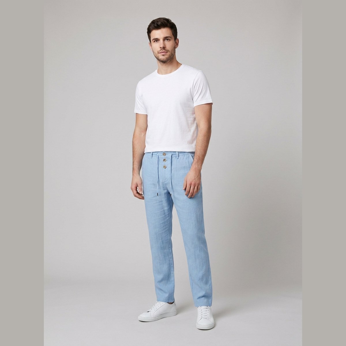 Men's Relaxed-Fit Drawstring Linen Straight-Leg Trousers - Side Angle | Lavisa