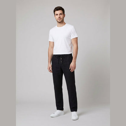 Men's Relaxed-Fit Drawstring Linen Straight-Leg Trousers - Back View | Lavisa