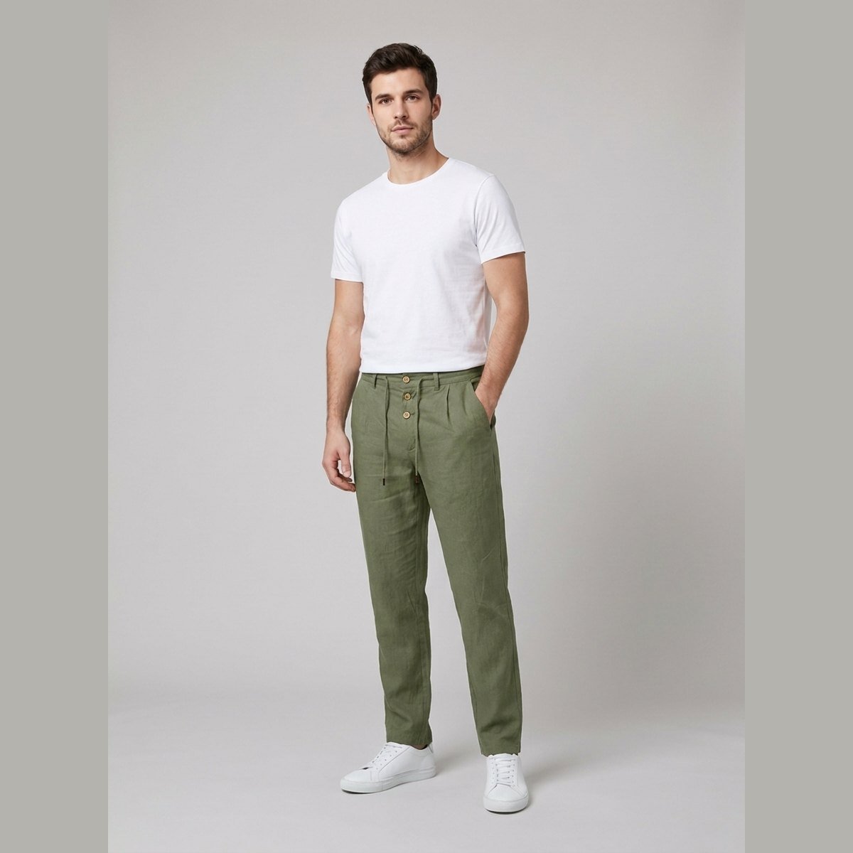 Men's Relaxed-Fit Drawstring Linen Straight-Leg Trousers - Detail & Stitching | Lavisa