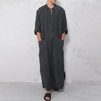 Men's Relaxed-Fit Linen Kaftan Tunic Long Button-Front Robe - Side Angle | Lavisa