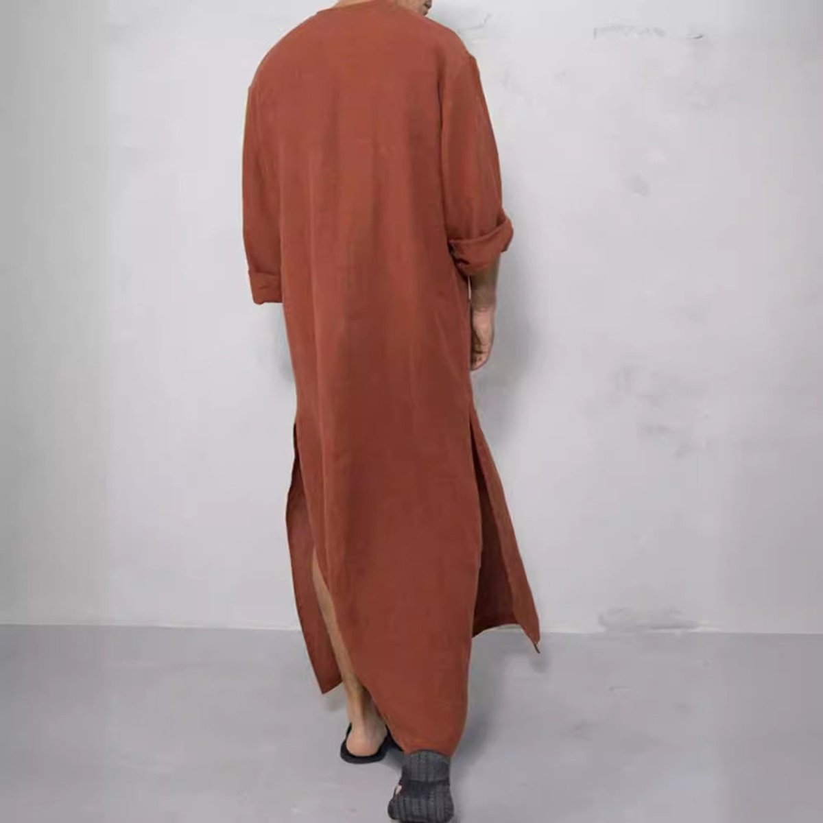 Men's Relaxed-Fit Linen Kaftan Tunic Long Button-Front Robe - Back View | Lavisa
