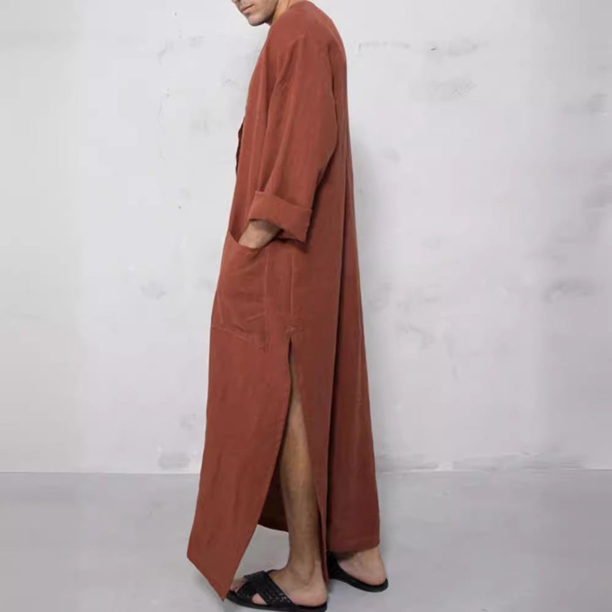 Men's Relaxed-Fit Linen Kaftan Tunic Long Button-Front Robe - Close-Up Fabric Texture | Lavisa