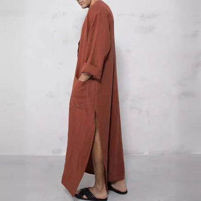 Men's Relaxed-Fit Linen Kaftan Tunic Long Button-Front Robe - Close-Up Fabric Texture | Lavisa