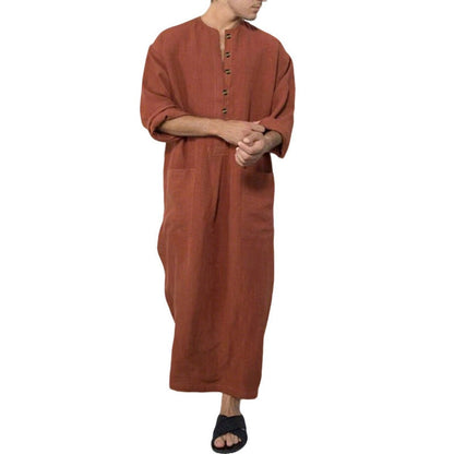 Men's Relaxed-Fit Linen Kaftan Tunic Long Button-Front Robe - Detail & Stitching | Lavisa