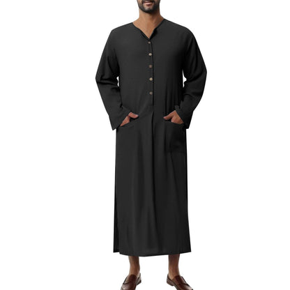 Men's Relaxed-Fit Linen Kaftan Tunic Long Button-Front Robe - Variant Style 7 | Lavisa