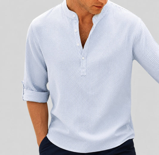 Lavisa - Men's Relaxed-Fit Striped Linen Stand Collar Shirt