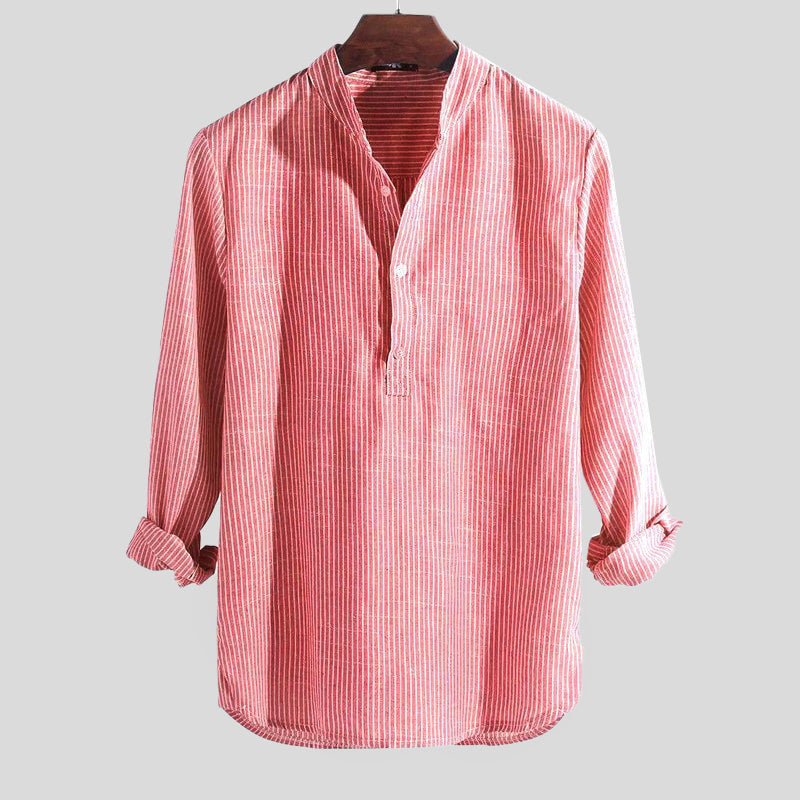 Men's Relaxed-Fit Striped Linen Stand Collar Shirt - Side Angle | Lavisa